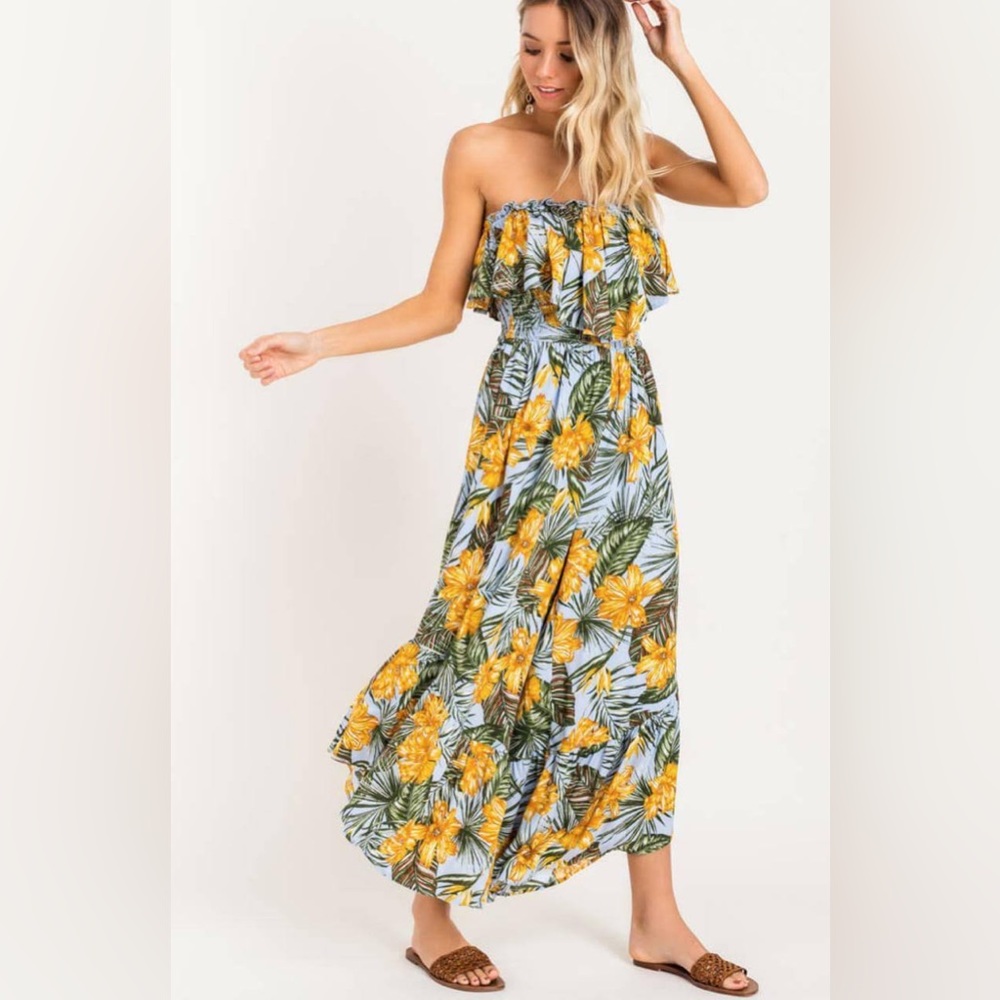 All In Favor Mustard Palm Print Jumpsuit